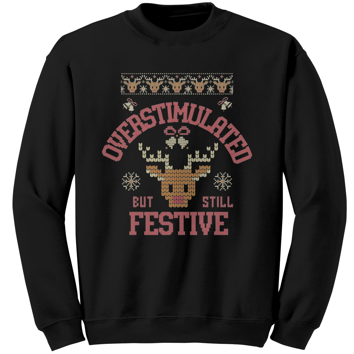 Overstimulated but still festive ugly Christmas sweater, black front view