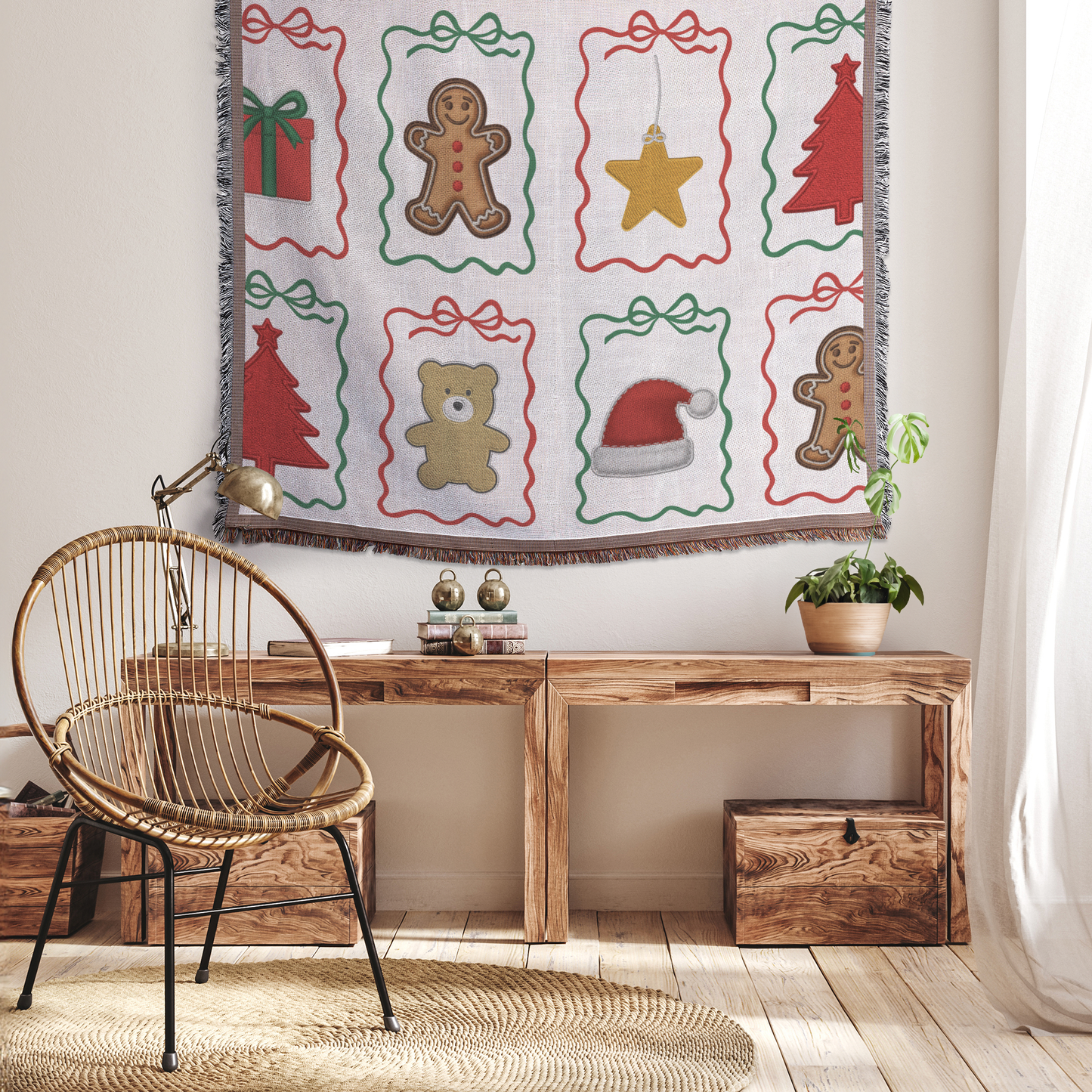 Christmas Woven Throw Blanket, hanging in home view
