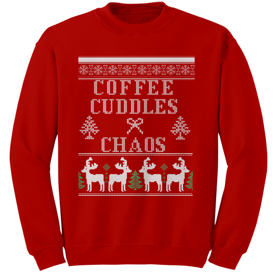Red Coffee, Cuddles and Chaos Ugly Christmas Sweater, front view