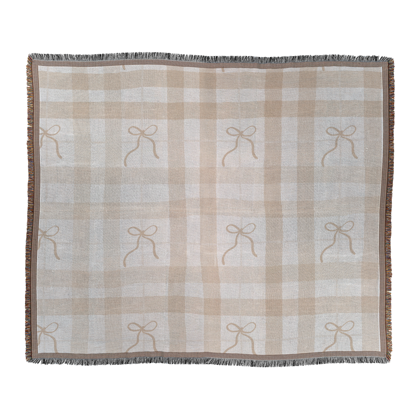 Dainty bows neutral woven throw blanket, flat lay front view