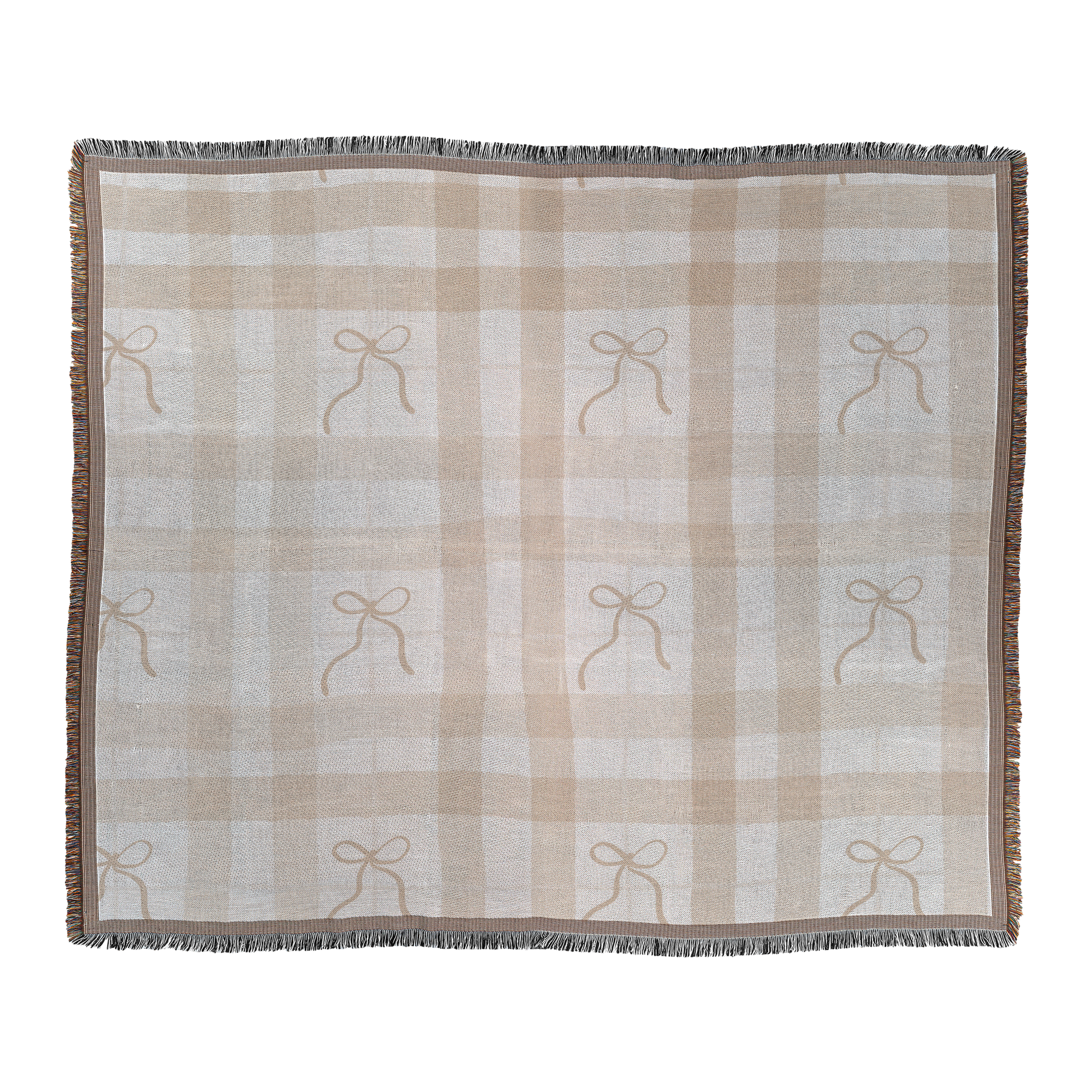 Dainty bows neutral woven throw blanket, flat lay front view
