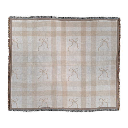 Dainty bows neutral woven throw blanket, flat lay front view