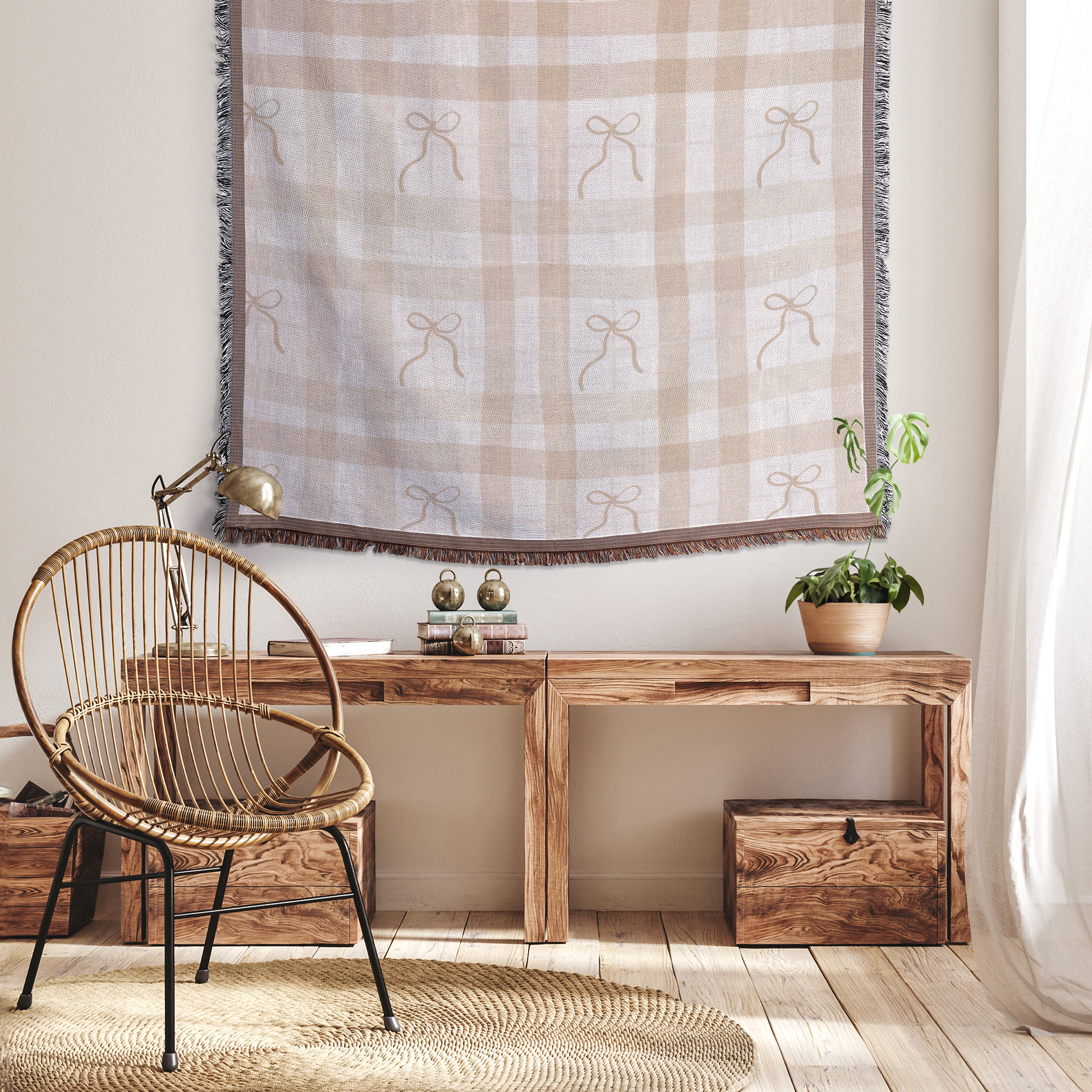 Dainty bows neutral woven throw blanket, hanging in home view