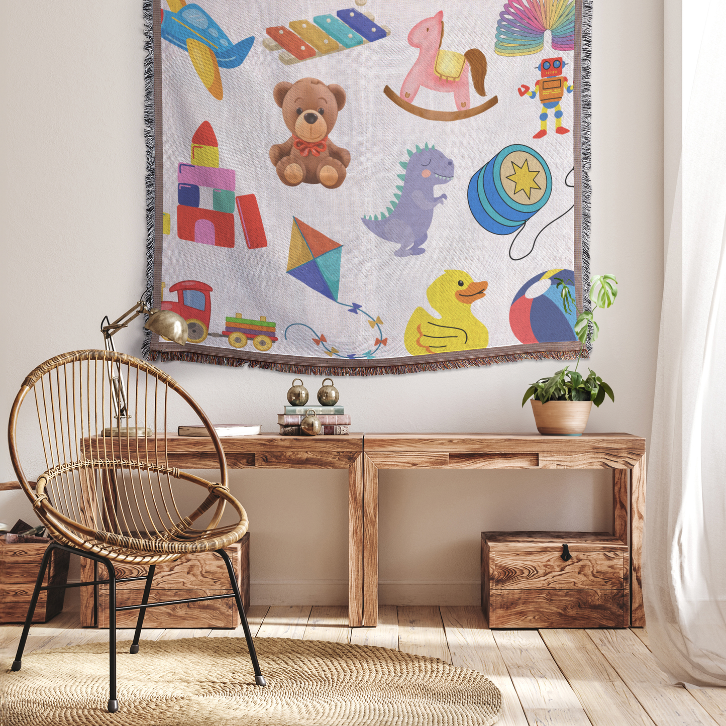 Kids woven blanket, hanging in home view