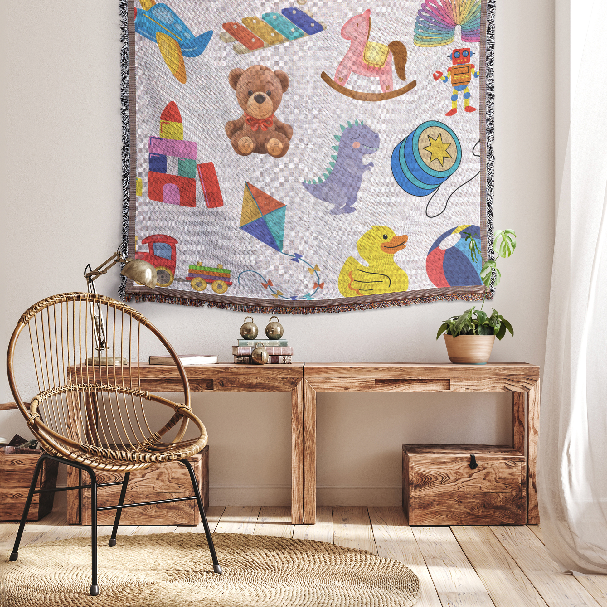 Kids woven blanket, hanging in home view