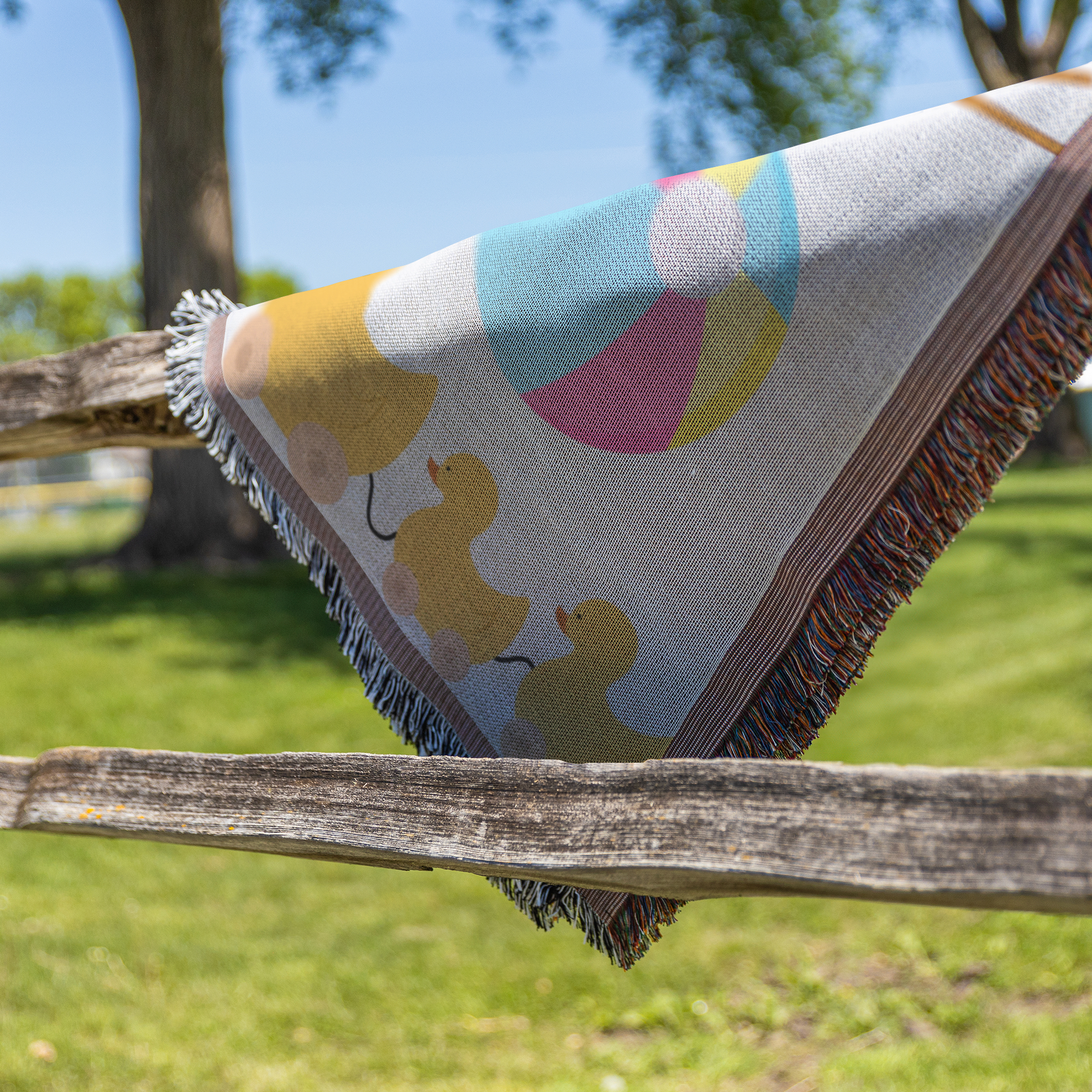 Kids toys girl woven throw blanket, outside close up view