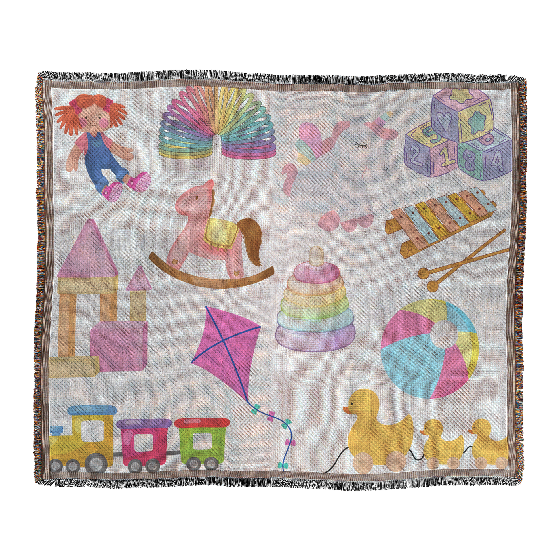 Kids toys girl woven throw blanket, flat lay front view
