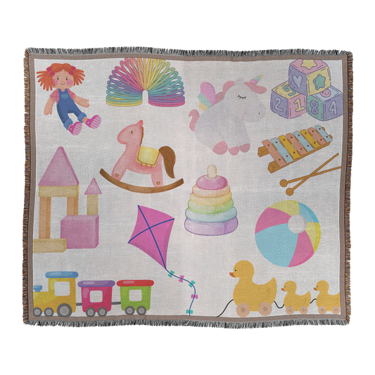 Kids toys girl woven throw blanket, flat lay front view