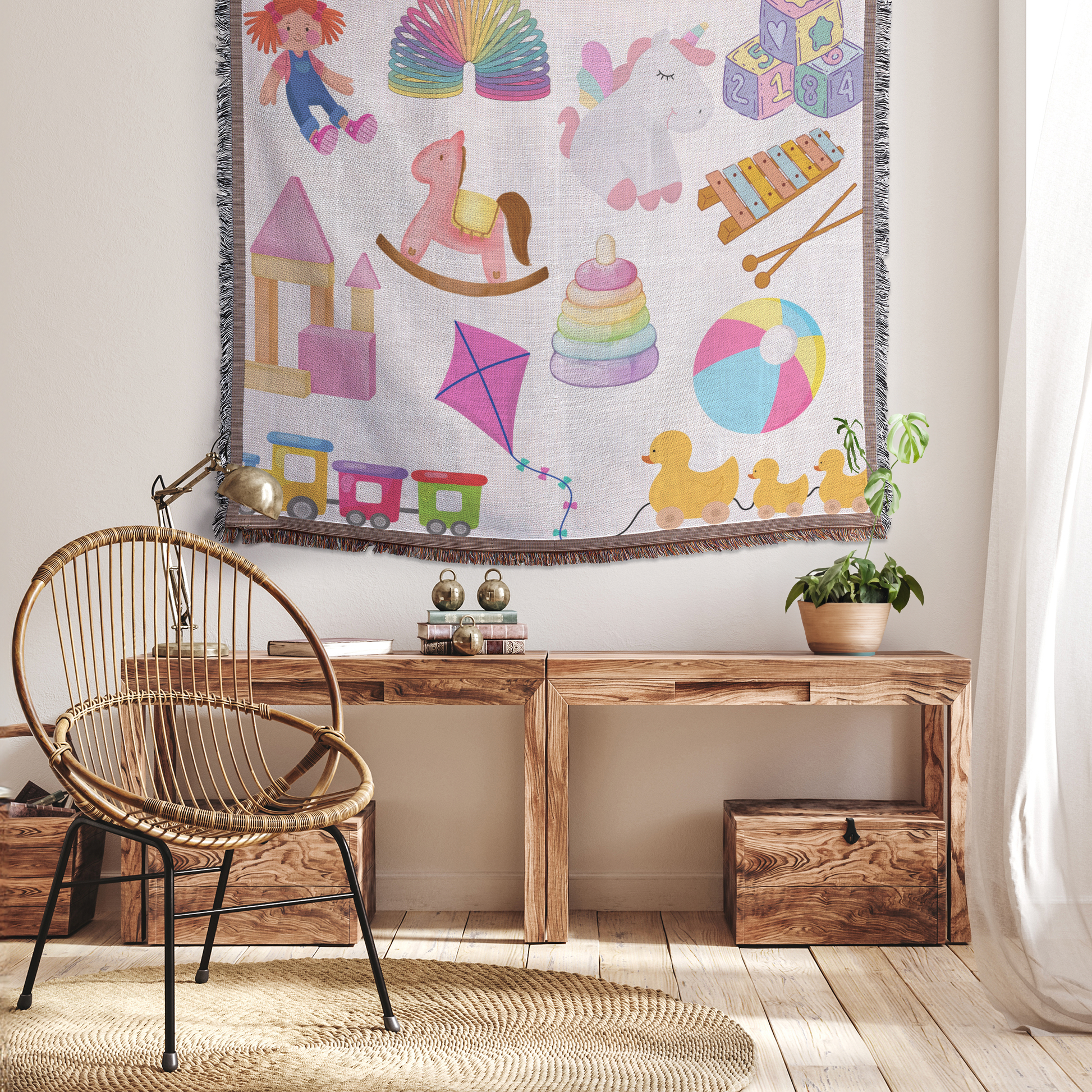 Kids toys girl woven throw blanket, hanging in home view