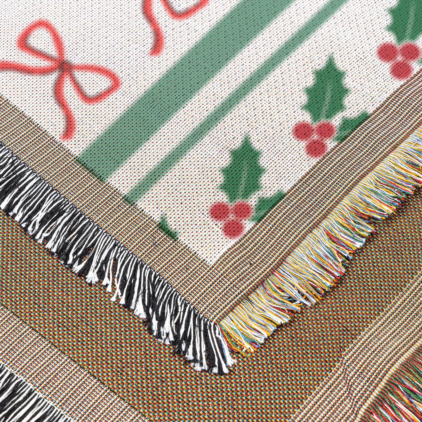 Modern Christmas woven throw blanket, corner close up