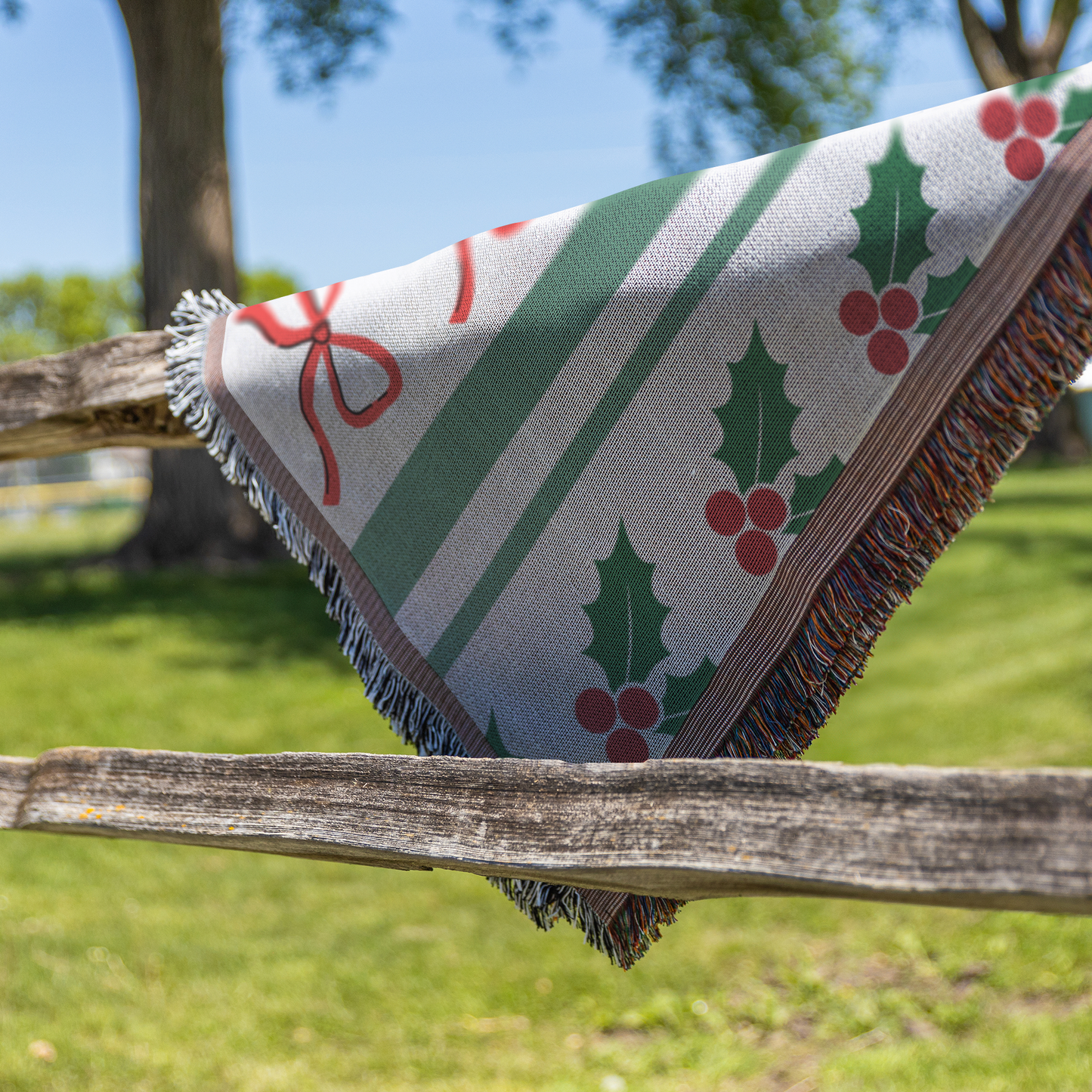 Modern Christmas woven throw blanket, outside close up view