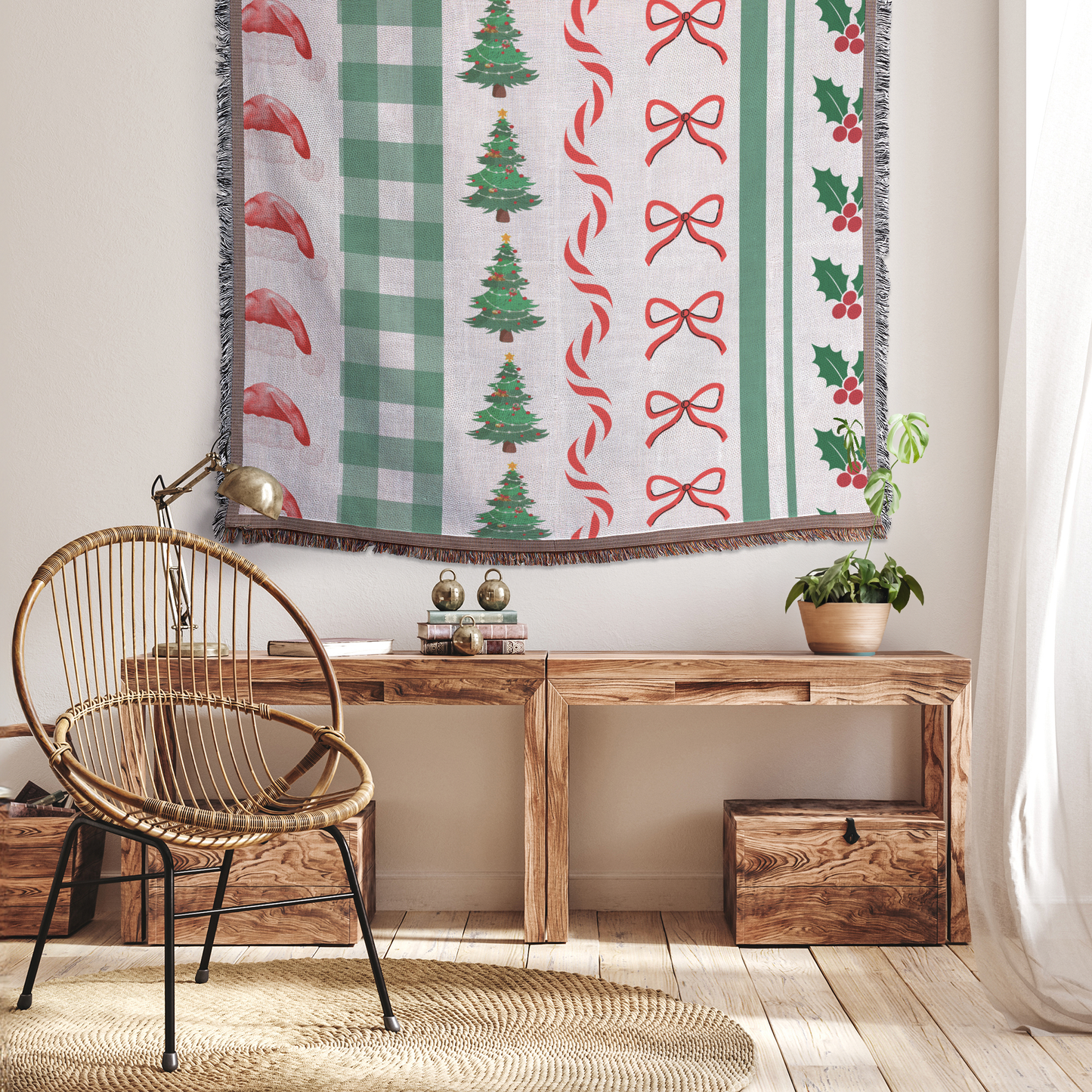 Modern Christmas woven throw blanket, hanging in a home view