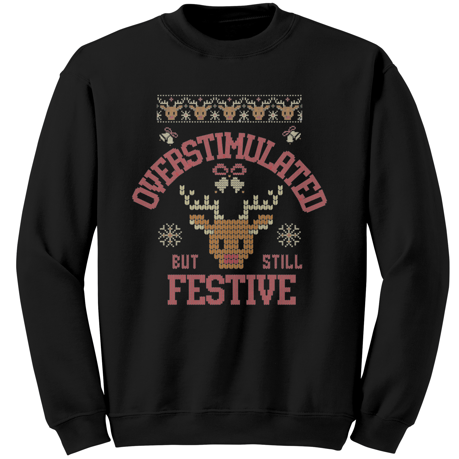 Overstimulated but still festive ugly Christmas sweater, black front view