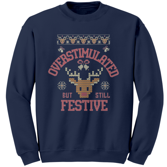 Overstimulated but still festive ugly Christmas sweater, navy front view