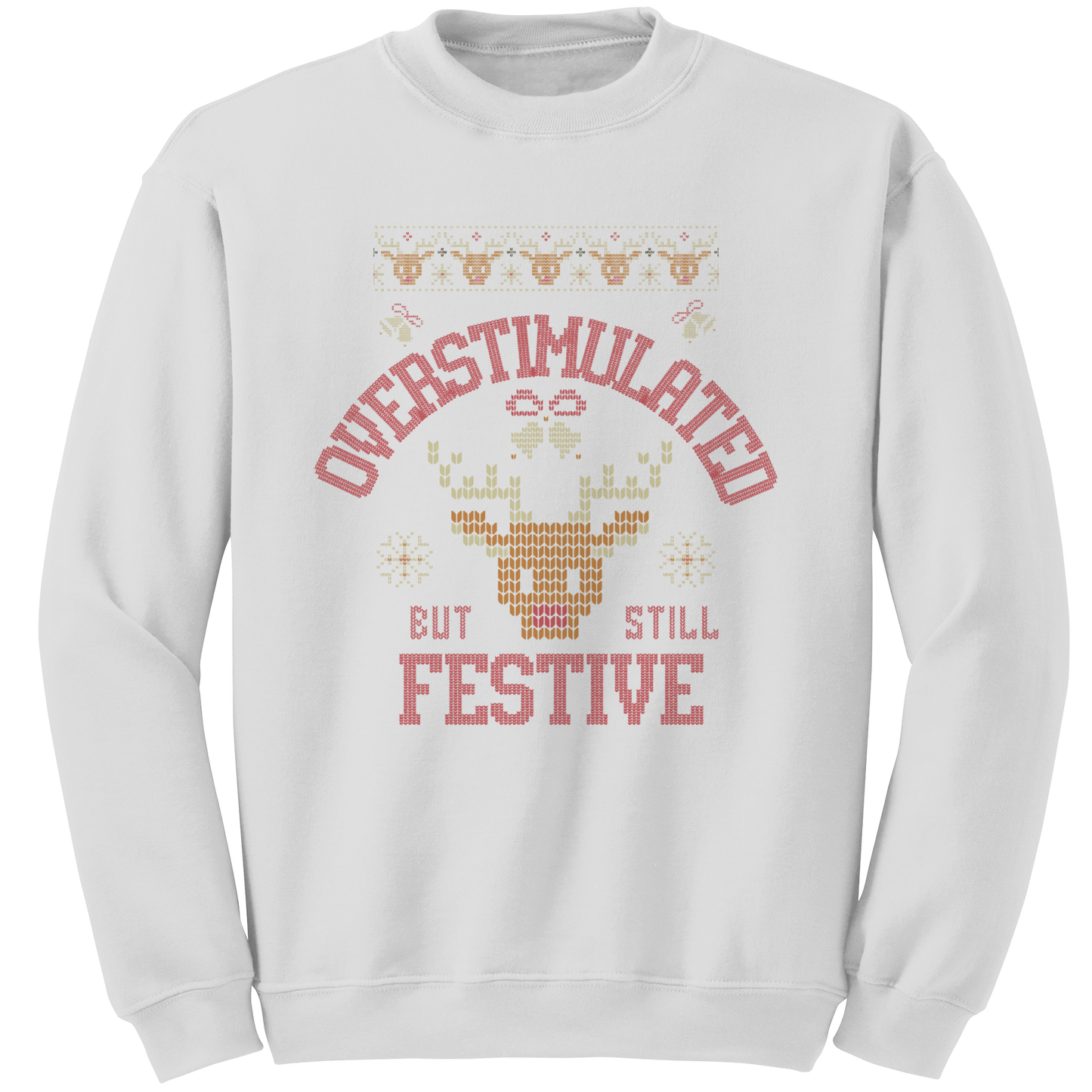 Overstimulate but still festive ugly Christmas sweater, white front view