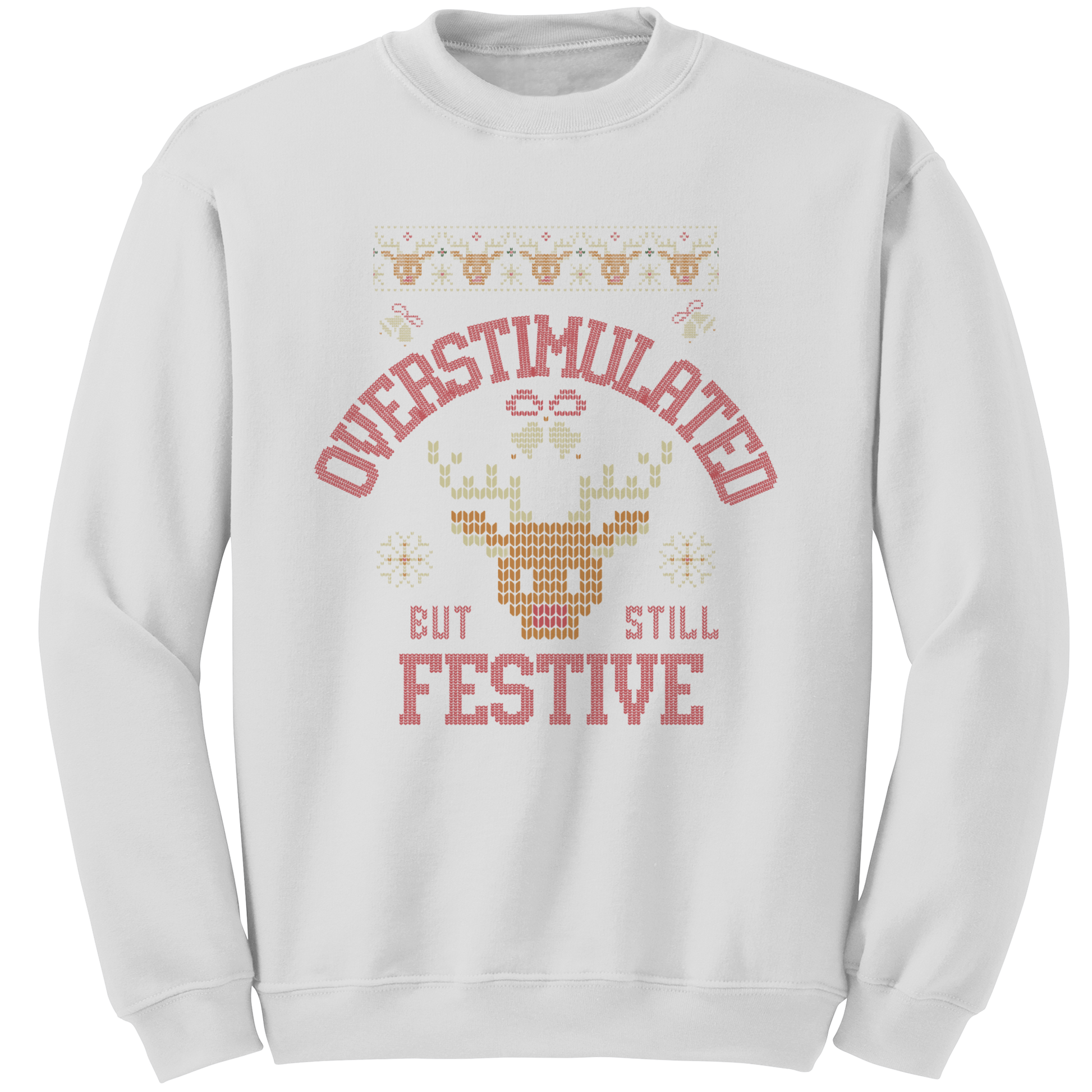 Overstimulate but still festive ugly Christmas sweater, white front view