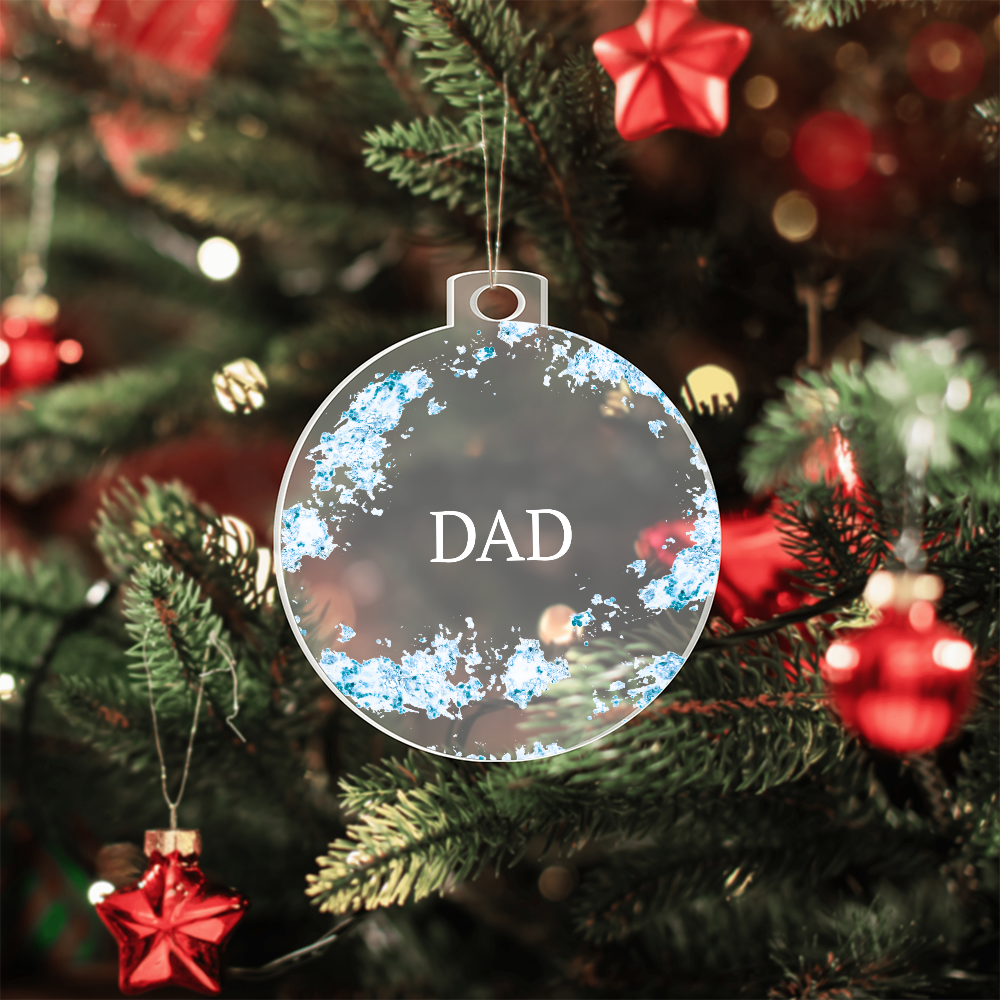 Dad christmas ornament, blue, hanging on christmas tree