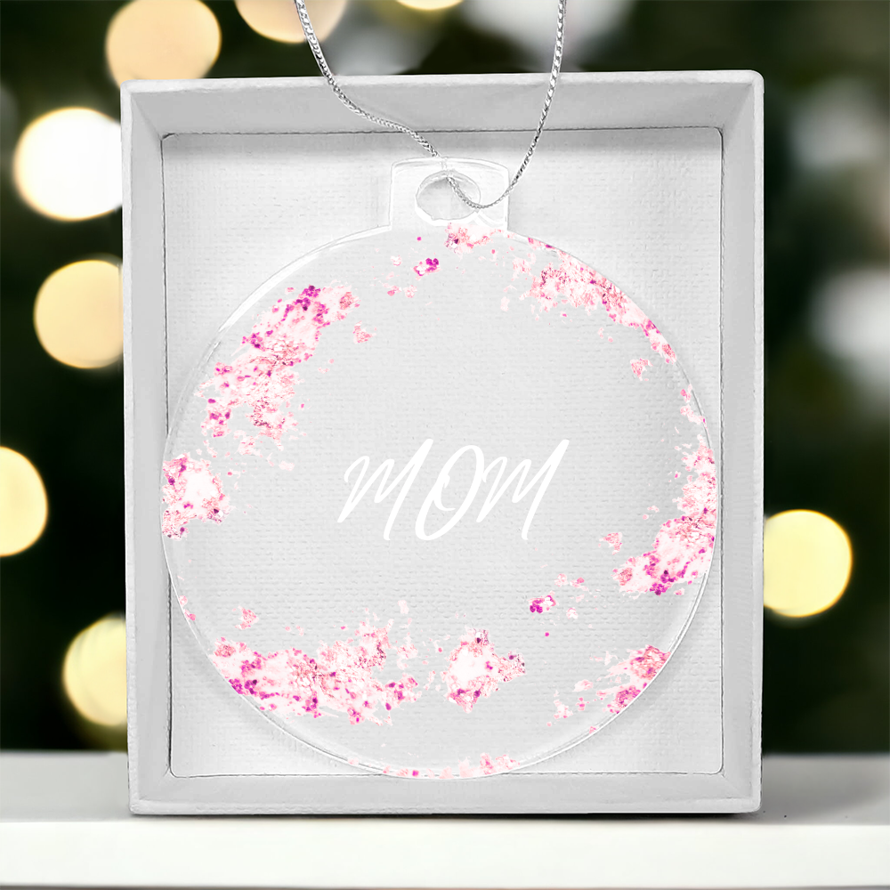 Mom Christmas ornament, pink, pictured in white gift box