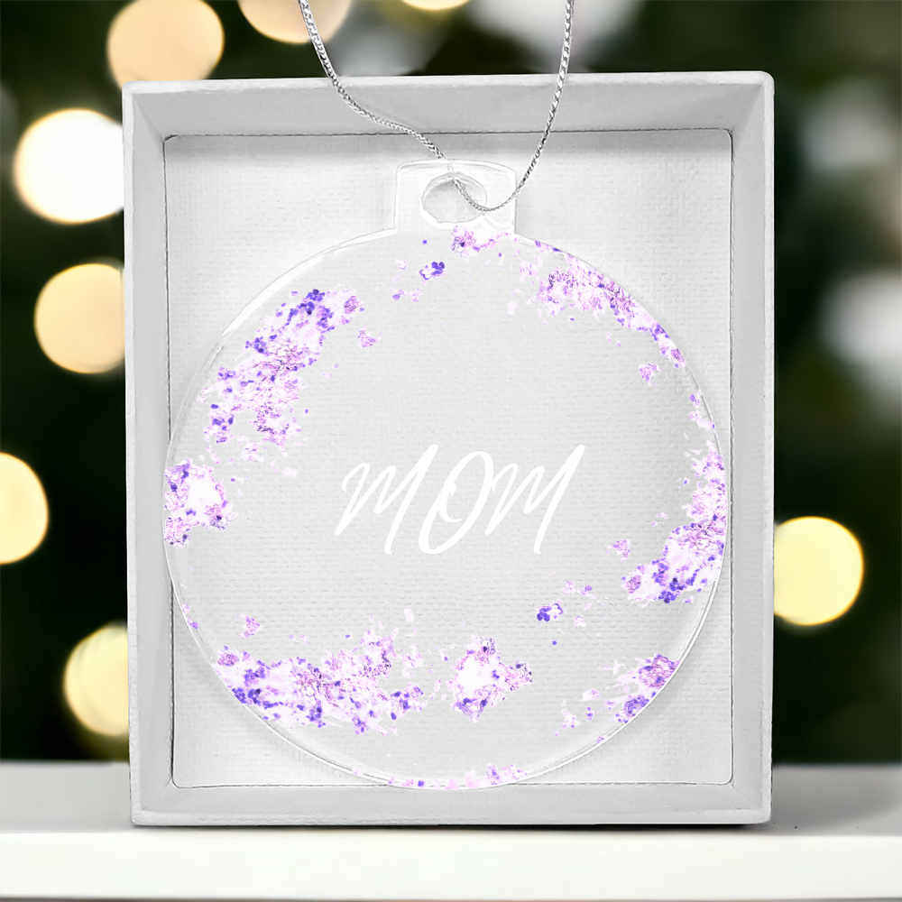 Mom Christmas Ornament, purple, pictured in white gift box