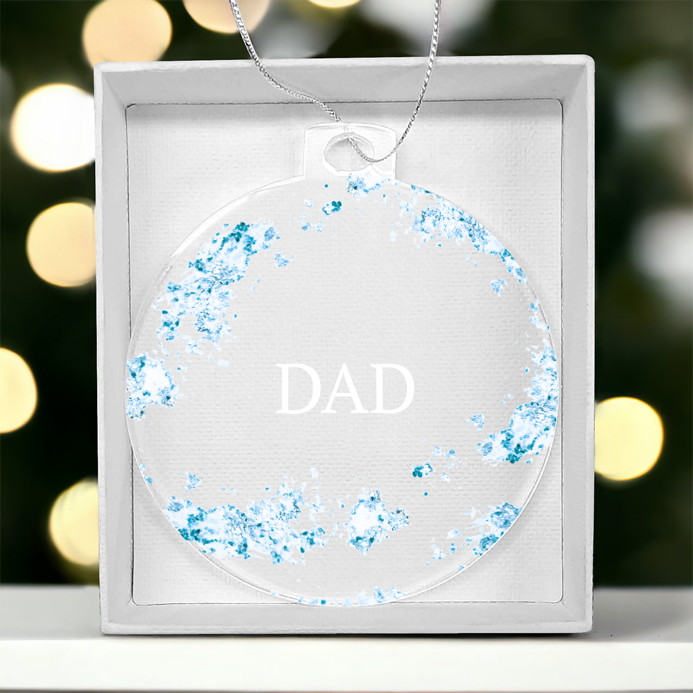 Dad Christmas ornament, blue, pictured in white gift box