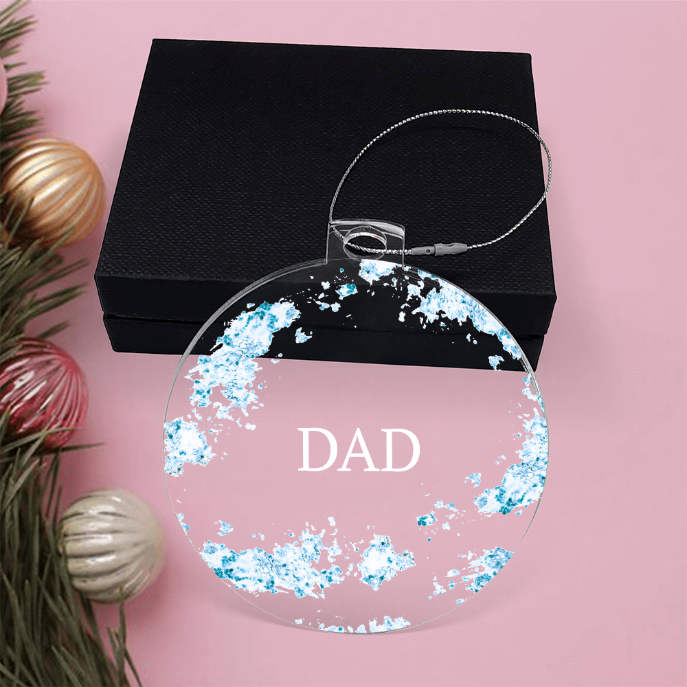 Dad Christmas ornament, blue, pictured with black gift box