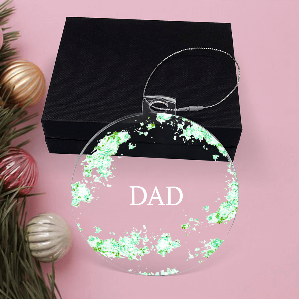 Dad Christmas ornament, green, pictured with black gift box
