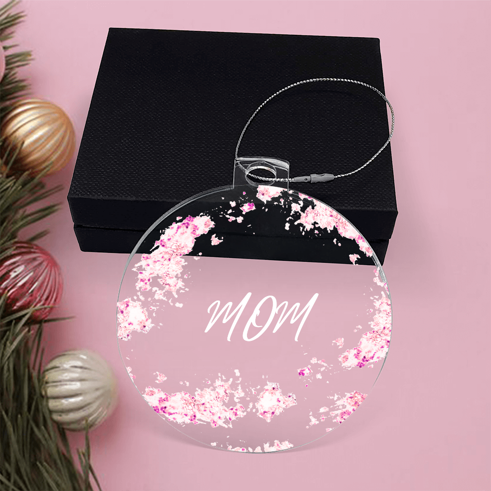 Mom Christmas ornament, pink, pictured with black gift box